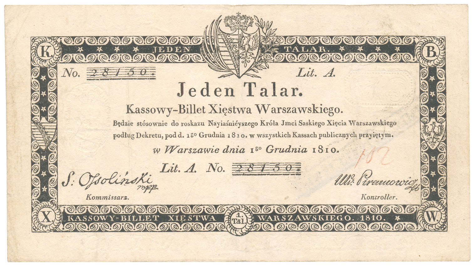 Banknot. Księstwo Warszawskie, 1 talar 1810 seria A - Ossoliński/Piramowicz